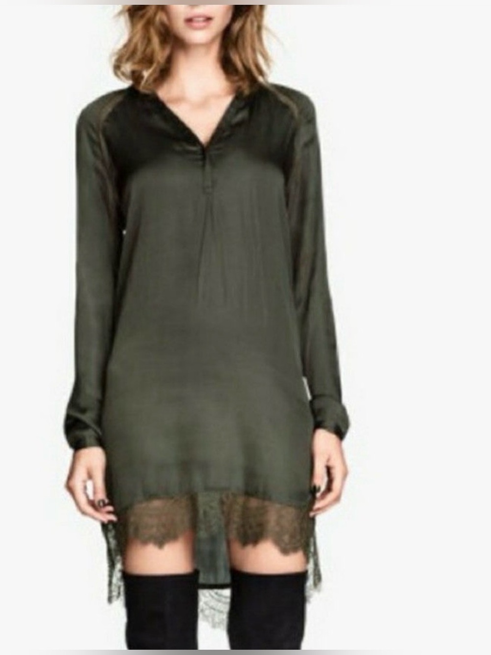 H&M Olive Green Satin Lace Hem Tunic Dress Boho Long Sleeve Size 12 NWT